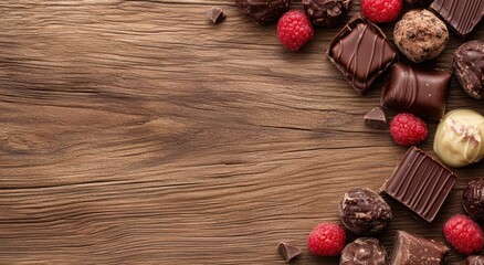 Wall Mural - Assortment of delicious chocolate candies and raspberries on wooden background