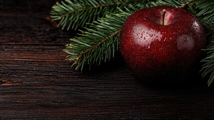 Sticker - red apple with pine branches on wooden background