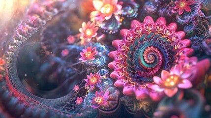 Poster - Abstract fractal patterns and shapes rendered in 3D cartoon style Dynamic natural forms with flowers and spirals Enigmatic psychedelic relaxation design