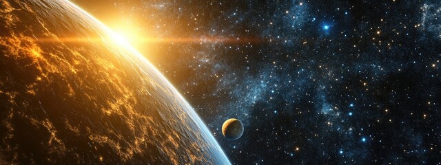 Poster - 3D cartoon depiction of stars Venus Sirius and Earth from space featuring dawn and the atmosphere of Earth within the solar system