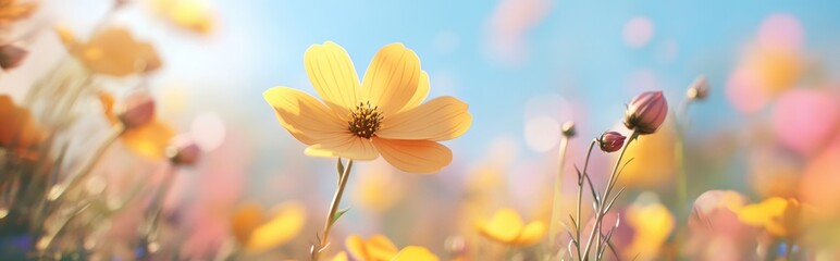Poster - Yellow Cosmos bipinnatus flowers Garden cosmos or Mexican aster in a selective focus picture set against a blurred colorful nature background presented through a 3D cartoon rendering with ample co