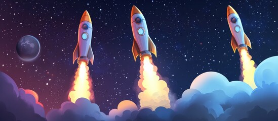 Poster - Cartoon rendering of rockets launching into the starry sky showcasing the concept of space exploration