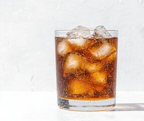 Refreshing glass of iced cola drink with ice cubes