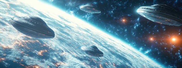 Poster - 3D illustration featuring unidentified objects from space in a cartoon rendering depicting contact with extraterrestrial beings
