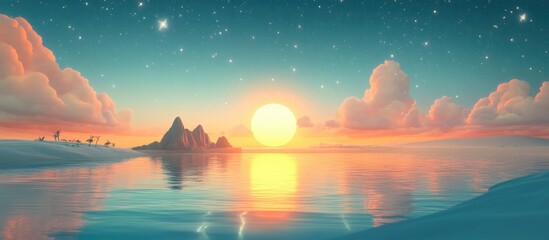 3D cartoon depiction of a sunrise and stars over a natural landmark