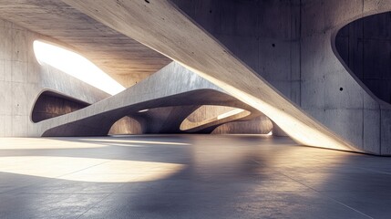 Poster - Futuristic architectural design rendered in 3D featuring an abstract style with a concrete floor