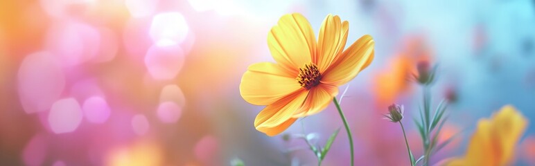 Yellow Cosmos bipinnatus flowers Garden cosmos or Mexican aster in a selective focus picture set against a blurred colorful nature background presented through a 3D cartoon rendering with ample co