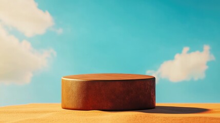 Poster - Empty 3D brown cylinder podium with shadow against an abstract blue sky and orange background serving as a minimalistic geometric showcase for cosmetics 3D render illustration