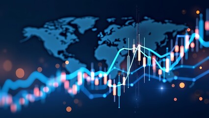 Poster - Digital illustration features a dynamic financial graph with glowing candlestick bars on a dark background, representing market trends, growth, and investment opportunities in the global economy.