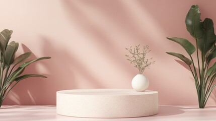 Poster - stylish 3d beige podium set against a pastel pink backdrop ideal for minimalistic product showcase a
