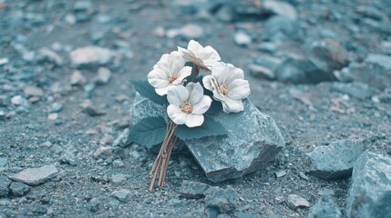 Poster - white flowers on rocks near water