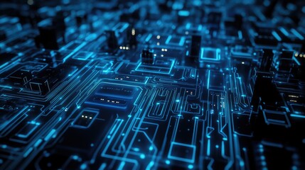 Fototapete - Mechatronic Inspired Digital Background Featuring Circuit Board and Wireframe Design Blue Abstract Aesthetic for Data Engineering and Storage