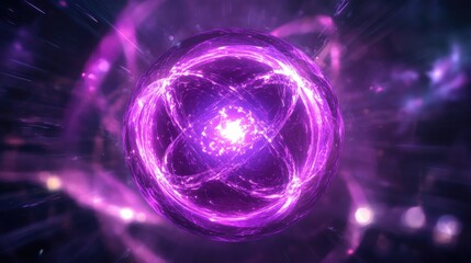 Poster - Futuristic glowing purple energy sphere resembling a digital atom with a vibrant force field and abstract circular design