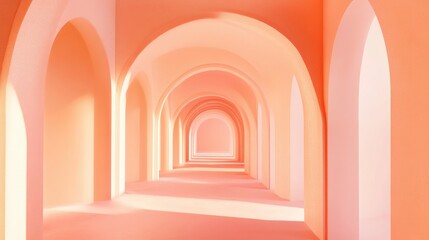 Canvas Print - Surreal 3D render of an abstract arch tunnel with a peach pastel vertical backdrop embodying the 2024 color trend Dreamlike interior illustration