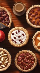 A variety of pecan pies on a wooden table with a cup of coffee.