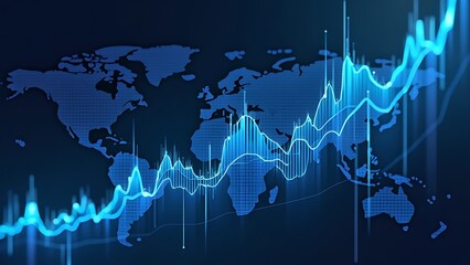 Wall Mural - Digital illustration features a dynamic financial graph with glowing candlestick bars on a dark background, representing market trends, growth, and investment opportunities in the global economy.