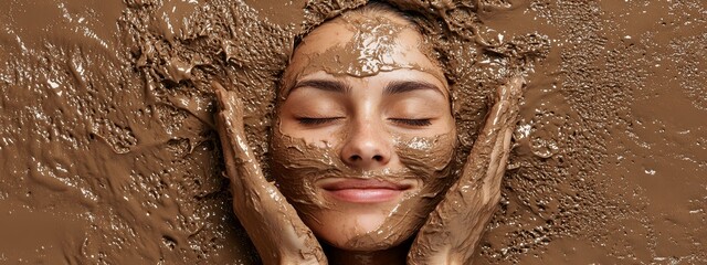 Wall Mural -  A woman with mud on her face covers it with her muddy hands