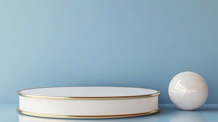 Poster - empty white cylinder podium with a gold border and a spherical object set against a blue backdrop ab