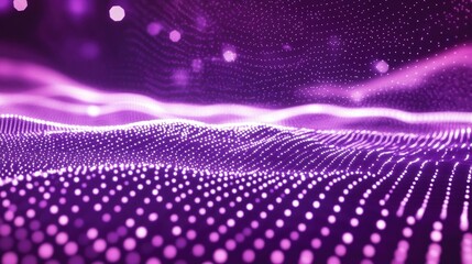 Poster - Glowing white points with light trails flow across a grid set against a purple background representing a digital interface computing concept in a visually striking design