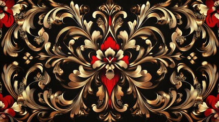 Poster - Glamorous gold and red decorative pattern and design featuring intricate tracery on a black backdrop