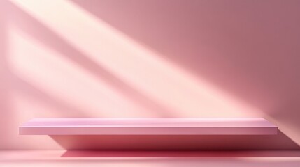 Poster - Minimal pink display shelf against a pastel pink wall background creating a shadow effect in a conceptual 3D rendering