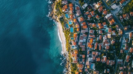 Poster - Overhead shot of a coastal neighborhood, with the blue ocean providing a stunning backdrop to the clustered houses.