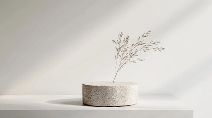 Poster - Minimalist mockup design for cosmetic product display Stone pedestal against a white backdrop Clipping paths for all elements included 3D rendered illustration