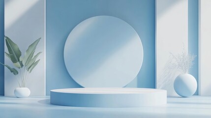 Poster - Empty podium surrounded by geometric shapes in a blue composition designed for a modern stage display and minimalist mockup serving as an abstract showcase background 3D illustration concept or 3D