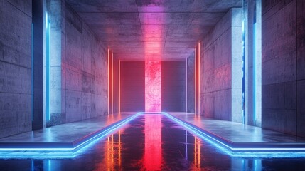Poster - Futuristic sci fi interior design featuring concrete and glass elements illuminated by blue and red glowing neon tubes 3D illustration and rendering