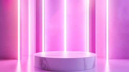 Poster - White and pink pedestal against a pink backdrop with neon lights for showcasing business products exhibitions fashion and cosmetics in 3D rendering