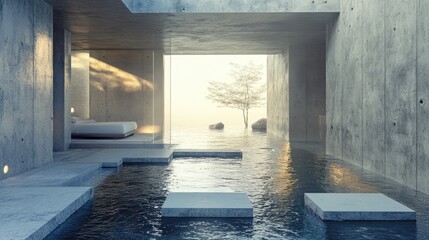 Poster - Minimalist concrete interior of a house surrounded by water featuring abstract design elements 3D illustration and rendering