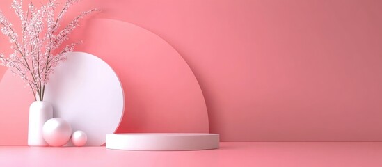 Poster - Minimalist podium mock up for product display with abstract white geometric shapes and a pink background designed for Valentine s Day featuring 3D rendering
