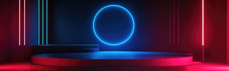 Poster - Geometric studio mockup for showcasing products featuring a blue background 3D render and 3D illustration