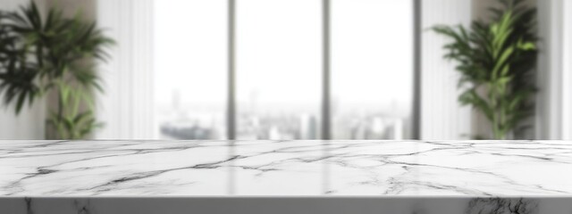 Poster - White marble table surface with blurred abstract interior background suitable for product display or montage