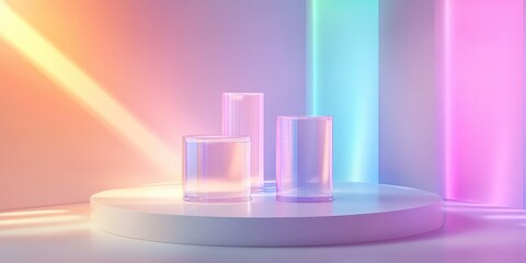 Surreal 3D composition featuring an empty stage with three translucent glass cylinder podiums set against a soft pastel holographic neon backdrop designed for cosmetic product packaging mockup disp