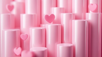 Poster - Pink cylinders with a pink heart design background 3D Illustration