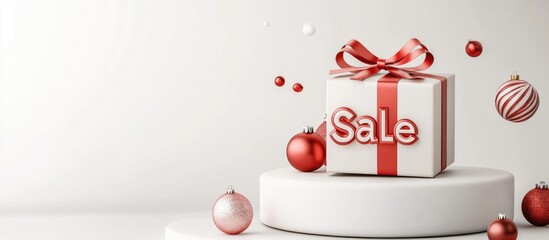 Poster - Minimalist product display for holiday promotion Gift box with Sale lettering and ribbon bow on a podium against a white backdrop 3D render illustration with clipping path for each element include