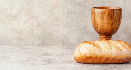 Sticker - wooden cup and bread on concrete background