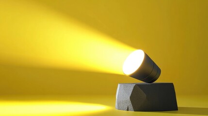 Poster - Abstract flashlight emitting a polygonal beam onto a podium against a yellow backdrop 3D rendering illustration