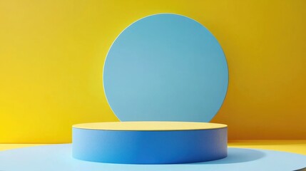 Poster - Blue podium against a yellow abstract backdrop 3D render graphic design