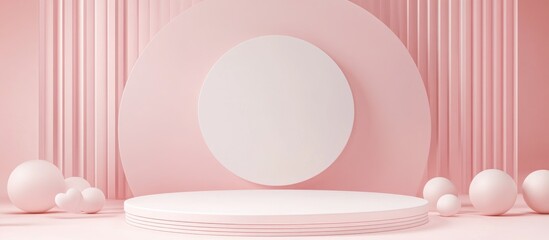 Poster - Minimalist podium mock up for product display with abstract white geometric shapes and a pink background designed for Valentine s Day featuring 3D rendering