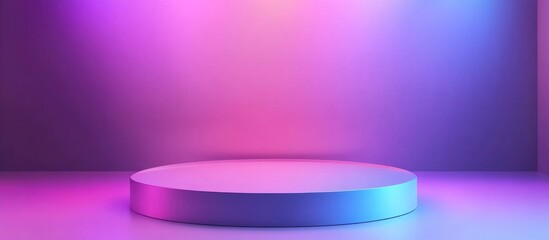 Poster - Holographic color podium cylinder display background featuring pink and blue light against a clean purple themed wall 3D illustration rendering