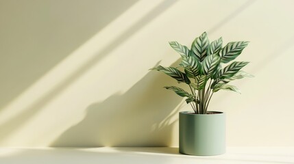 Poster - Calathea plant on beige wall 3D render of a green cylinder podium in an empty mockup setting