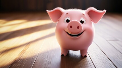 Poster - Adorable small pink pig in a cheerful cartoon style featuring a bright smile suitable for children s themes