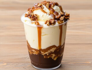 Poster - Delicious ice cream sundae with caramel sauce and walnuts