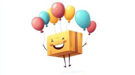 2D cartoon style character of a transplant box flying with balloons isolated on a white background 2D illustration