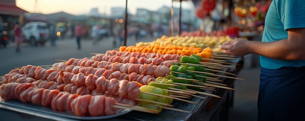 Asian Street Food Market with Smoky Kebabs and Barbecue Feast