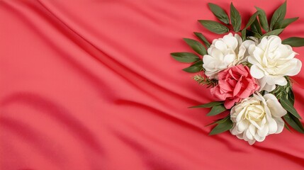 Wall Mural - beautiful white and pink floral bouquet on red fabric background