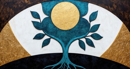 Sticker - Mystical tree of life with golden sun and teal leaves