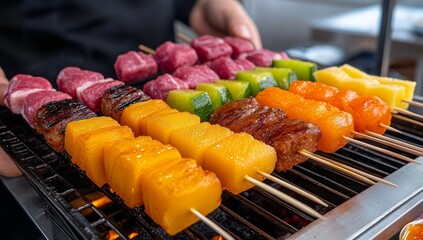 Asian Street Food Market with Smoky Kebabs and Barbecue Feast